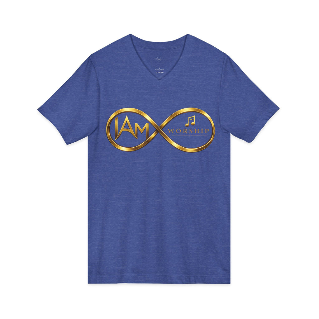 Worship Infinity V-Neck Tee – "I AM" Gold Music Logo