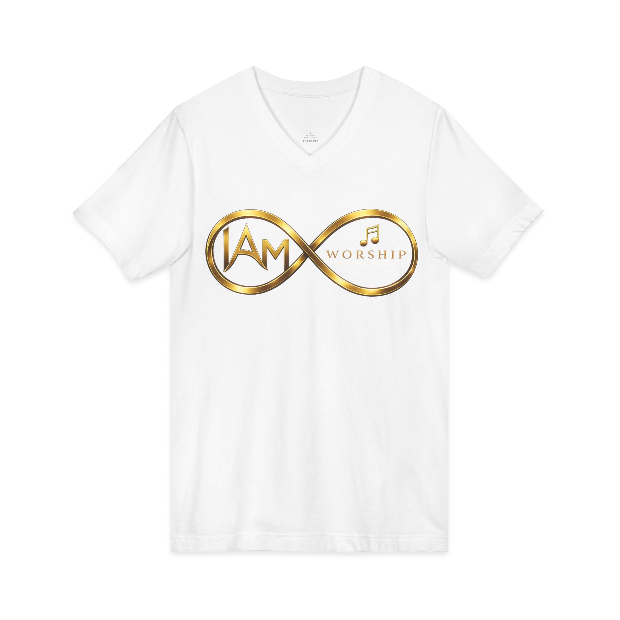 Worship Infinity V-Neck Tee – "I AM" Gold Music Logo
