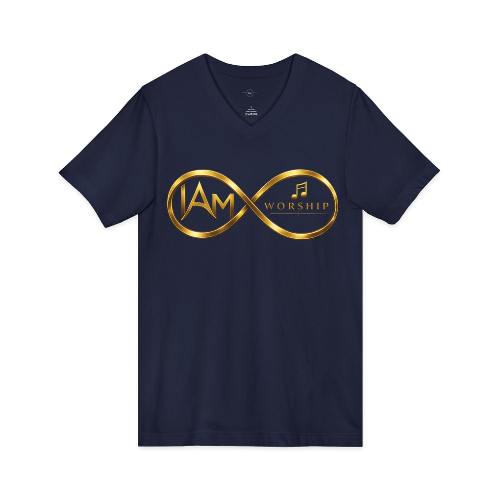 Worship Infinity V-Neck Tee – "I AM" Gold Music Logo