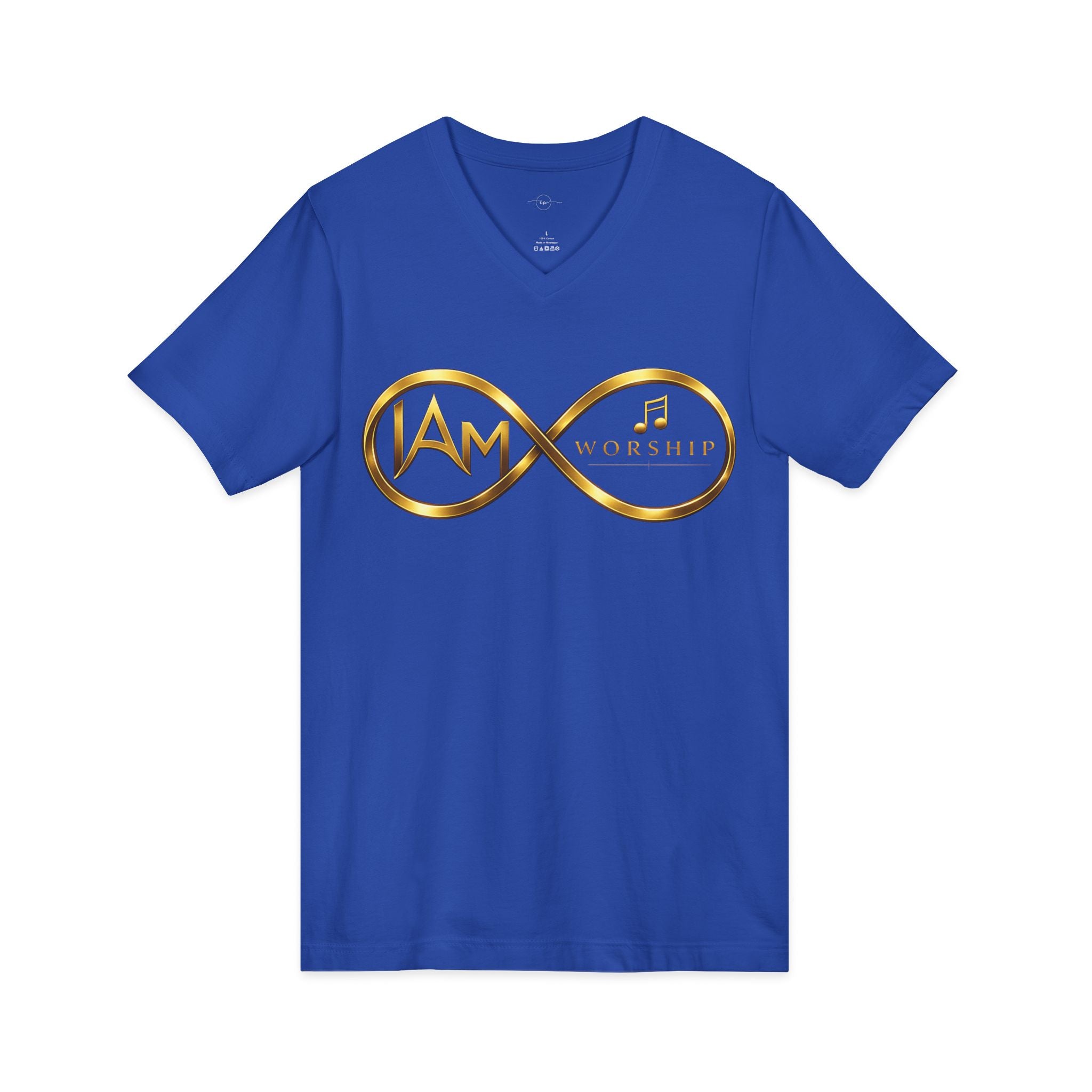 Worship Infinity V-Neck Tee – "I AM" Gold Music Logo