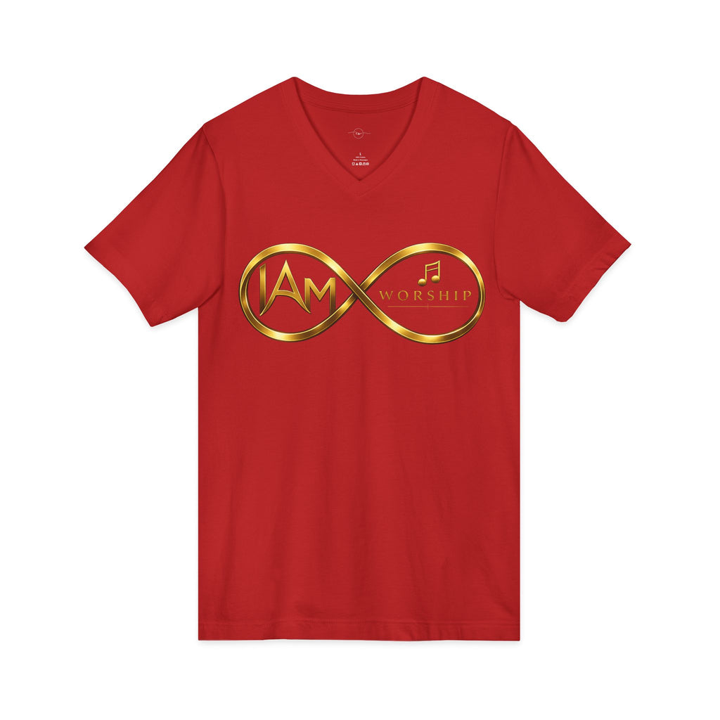 Worship Infinity V-Neck Tee – "I AM" Gold Music Logo