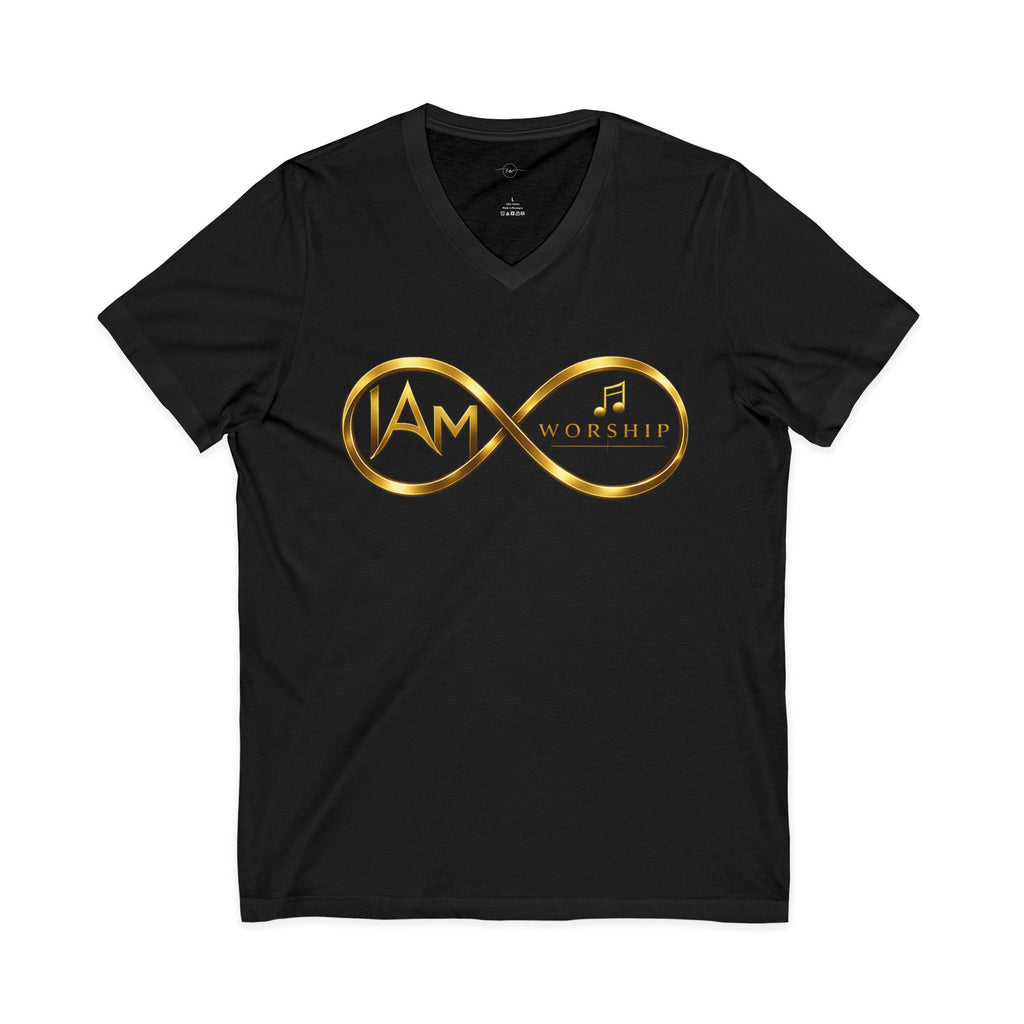 Worship Infinity V-Neck Tee – "I AM" Gold Music Logo