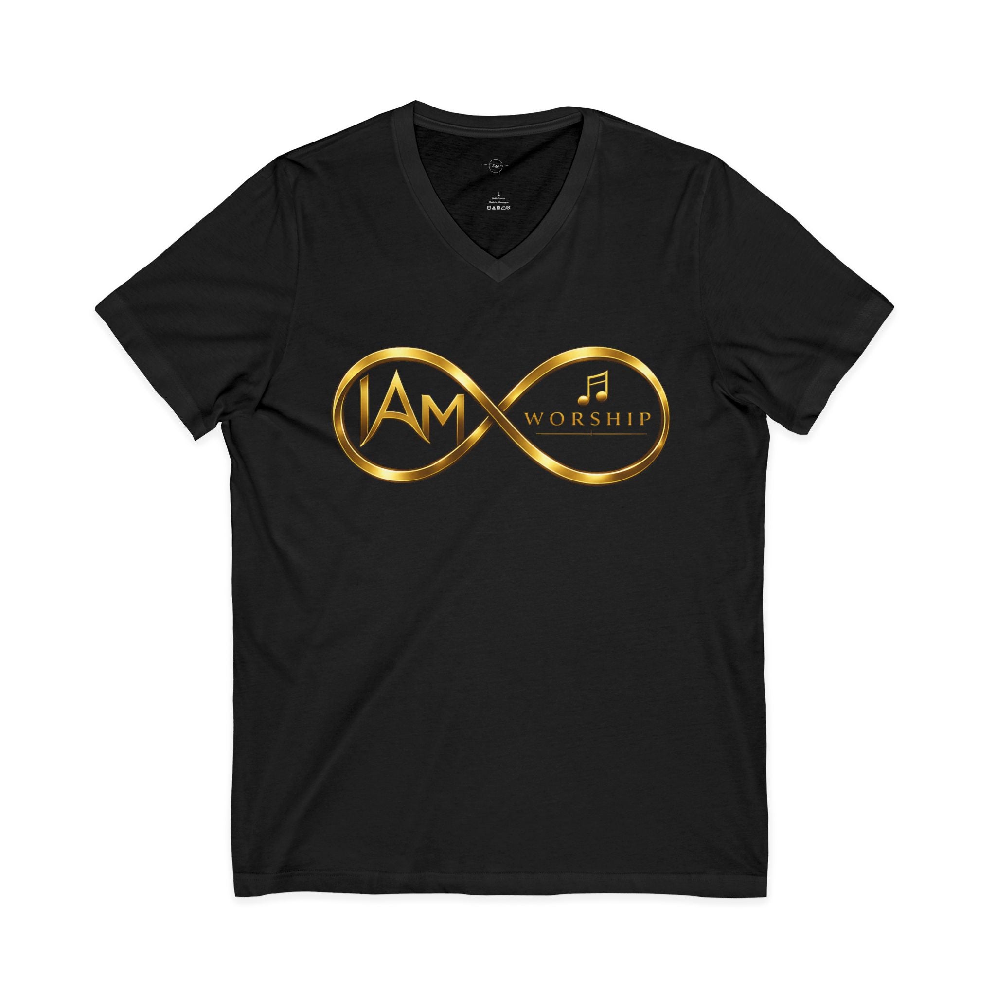 Worship Infinity V-Neck Tee – "I AM" Gold Music Logo